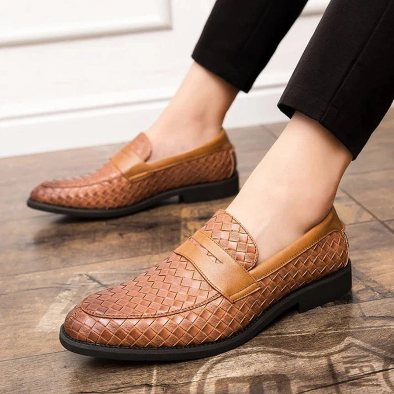Men's woven moccasin loafers with penny strap and flat sole