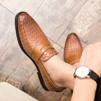 Men's woven moccasin loafers with penny strap and flat sole