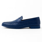Men's woven moccasin loafers with penny strap and flat sole