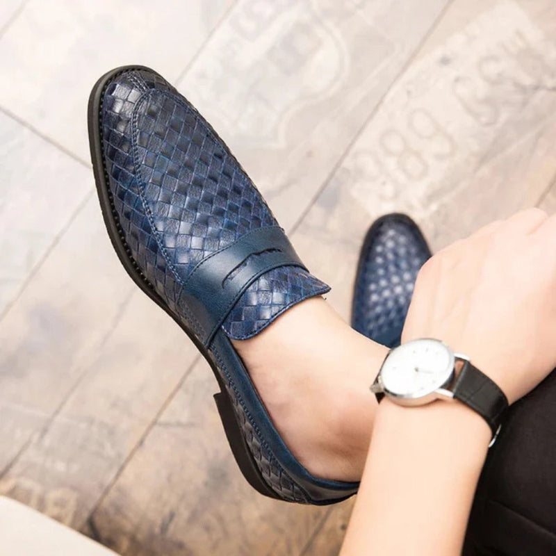 Men's woven moccasin loafers with penny strap and flat sole