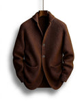 Men's ribbed knit cardigan with shawl-style collar, buttons and patch pockets