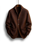 Men's ribbed knit cardigan with shawl-style collar, buttons and patch pockets