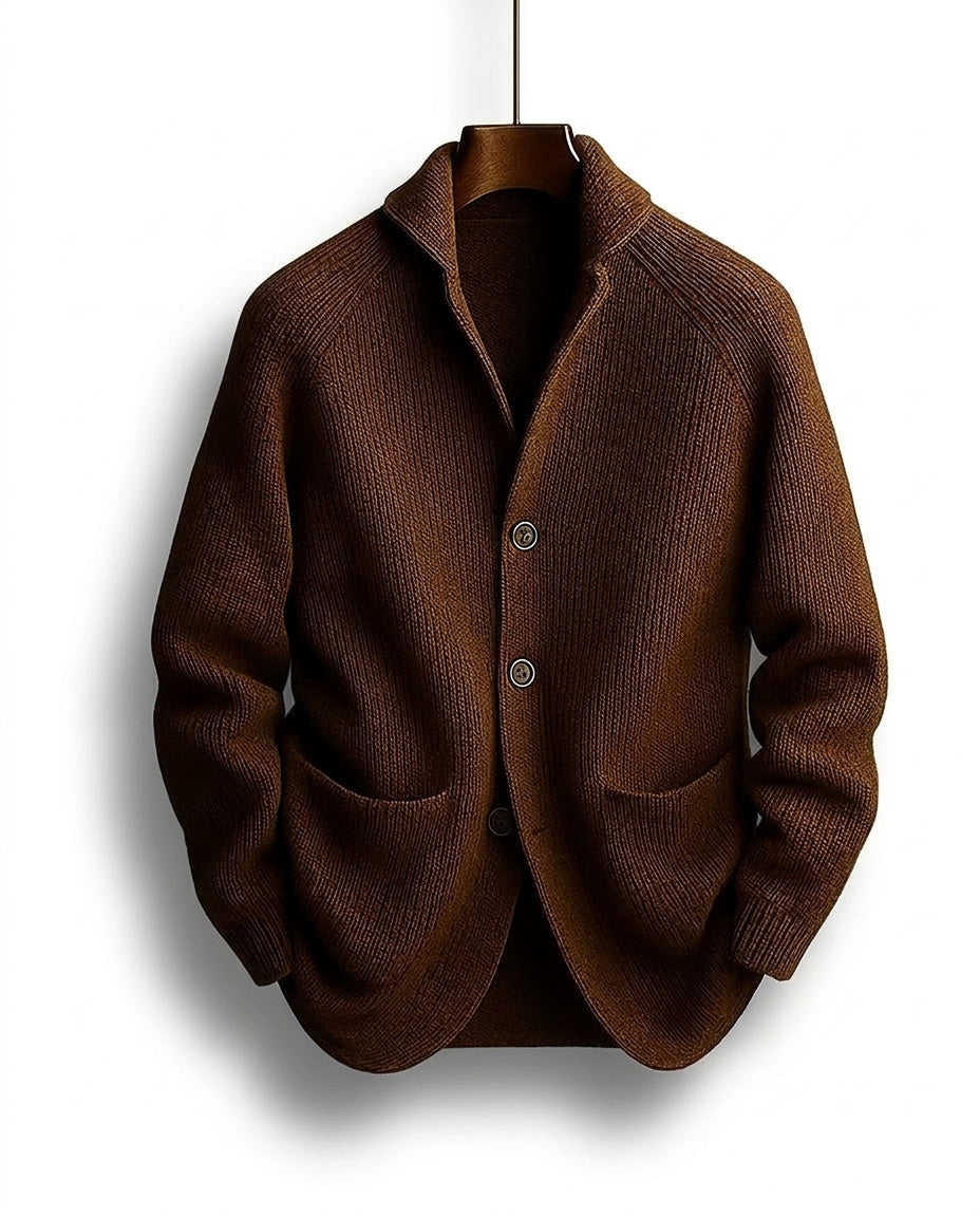 Men's ribbed knit cardigan with shawl-style collar, buttons and patch pockets