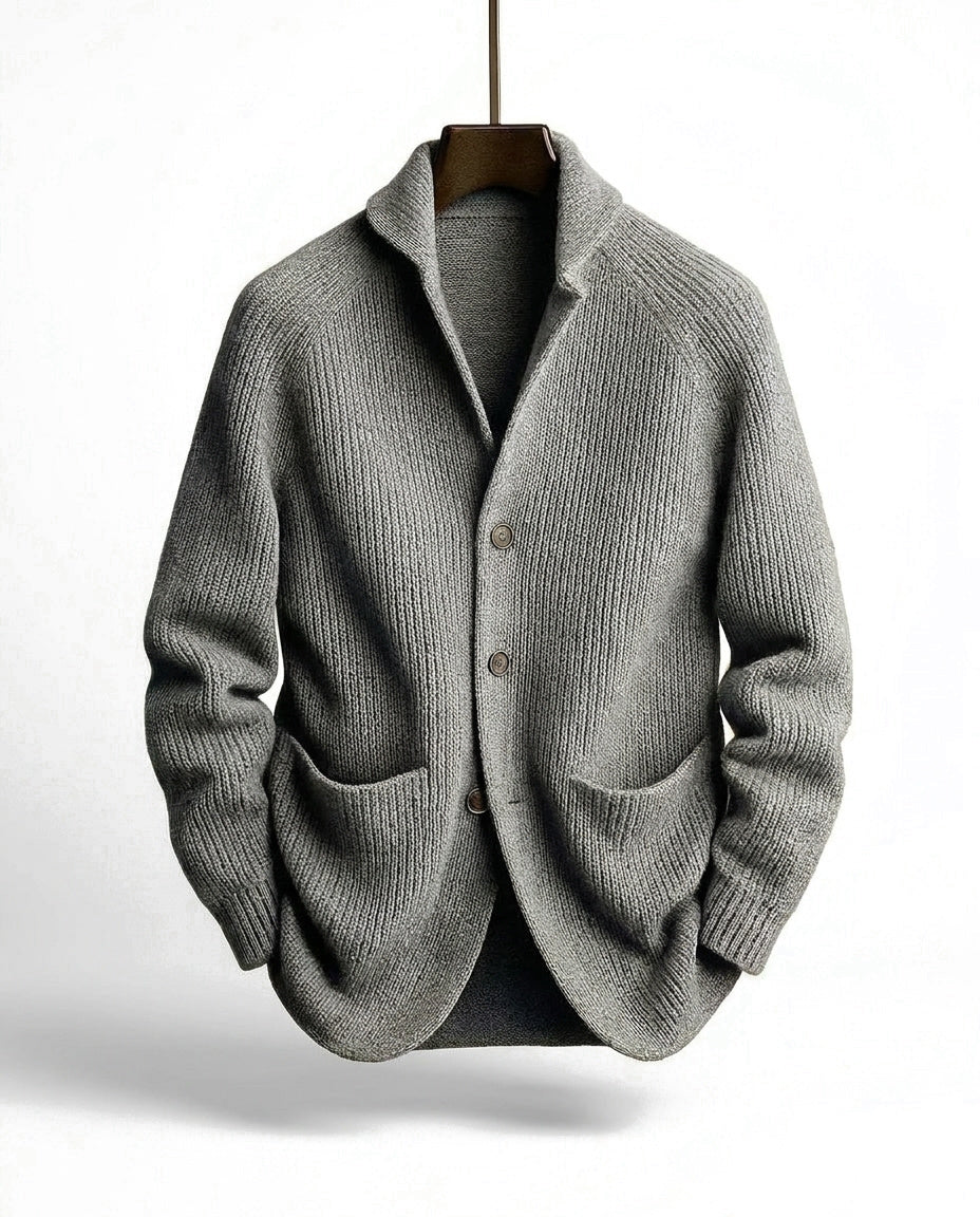 Men's ribbed knit cardigan with shawl-style collar, buttons and patch pockets