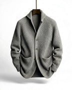 Men's ribbed knit cardigan with shawl-style collar, buttons and patch pockets