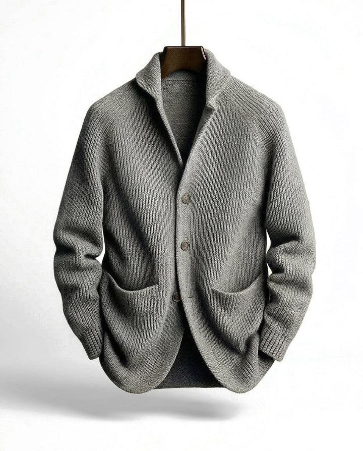 Men's ribbed knit cardigan with shawl-style collar, buttons and patch pockets