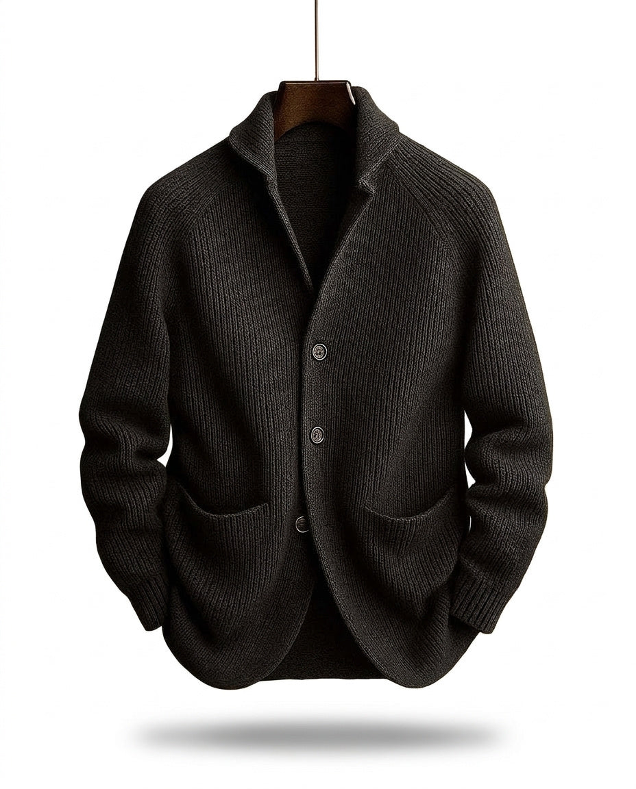Men's ribbed knit cardigan with shawl-style collar, buttons and patch pockets