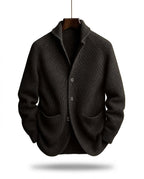 Men's ribbed knit cardigan with shawl-style collar, buttons and patch pockets