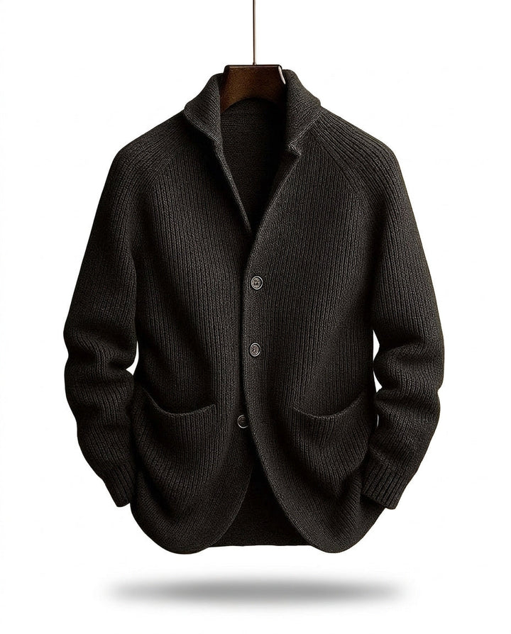 Men's ribbed knit cardigan with shawl-style collar, buttons and patch pockets
