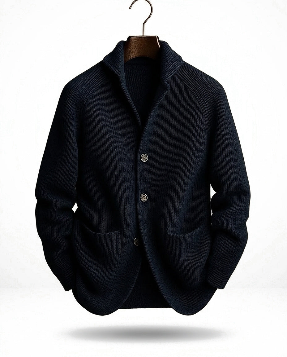 Men's ribbed knit cardigan with shawl-style collar, buttons and patch pockets