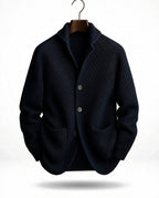 Men's ribbed knit cardigan with shawl-style collar, buttons and patch pockets