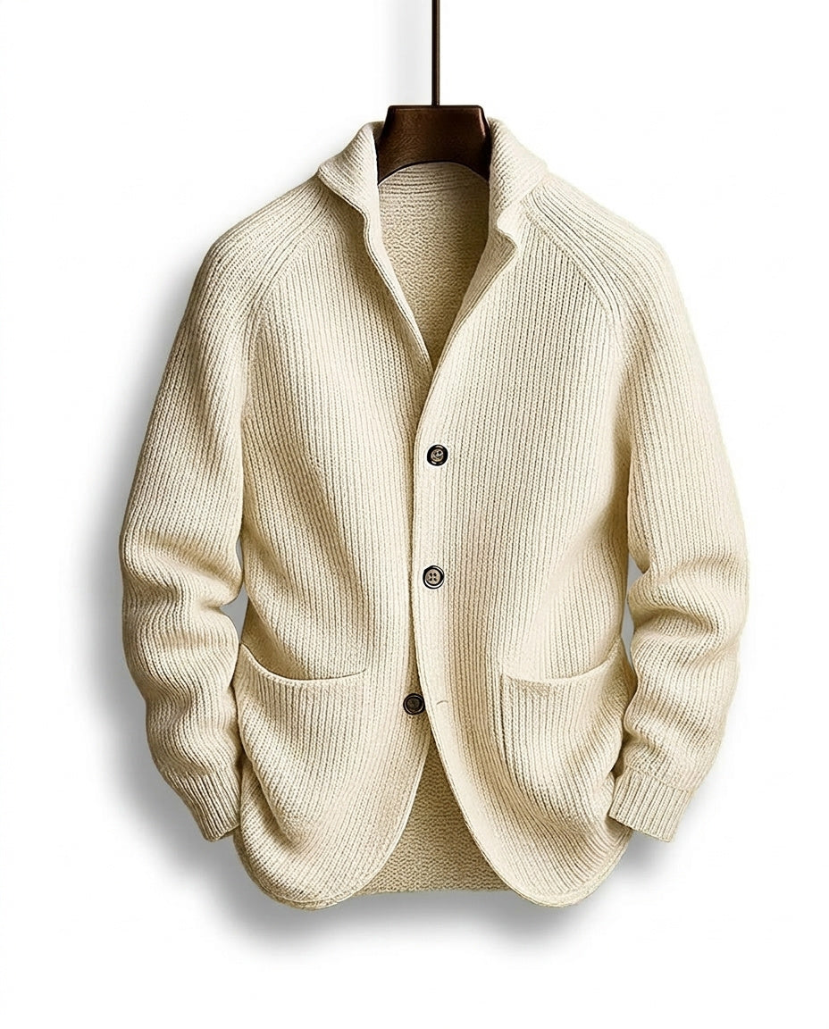Men's ribbed knit cardigan with shawl-style collar, buttons and patch pockets