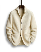 Men's ribbed knit cardigan with shawl-style collar, buttons and patch pockets