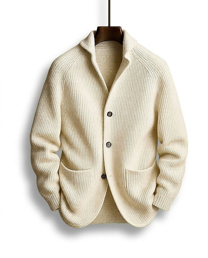Men's ribbed knit cardigan with shawl-style collar, buttons and patch pockets