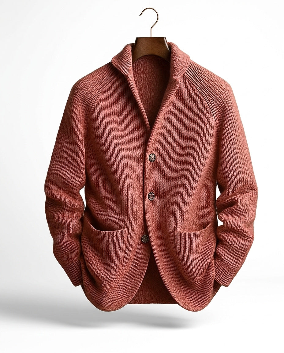 Men's ribbed knit cardigan with shawl-style collar, buttons and patch pockets