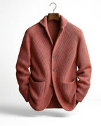 Men's ribbed knit cardigan with shawl-style collar, buttons and patch pockets