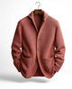 Men's ribbed knit cardigan with shawl-style collar, buttons and patch pockets