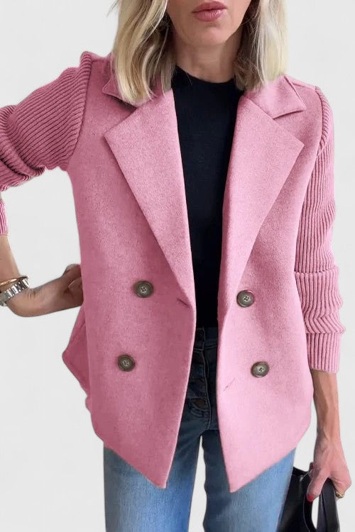 Women's short double-breasted coat with lapels and ribbed knitted sleeves