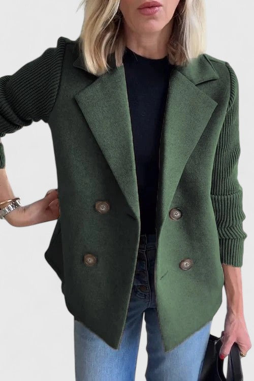Women's short double-breasted coat with lapels and ribbed knitted sleeves