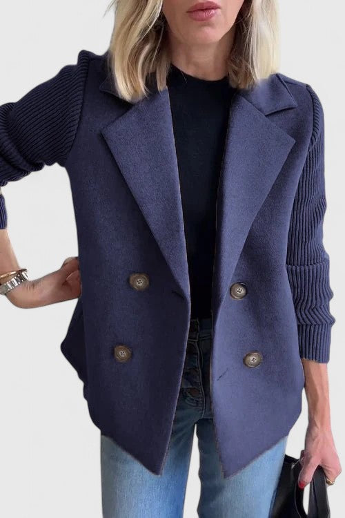 Women's short double-breasted coat with lapels and ribbed knitted sleeves