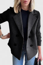 Women's short double-breasted coat with lapels and ribbed knitted sleeves