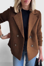 Women's short double-breasted coat with lapels and ribbed knitted sleeves