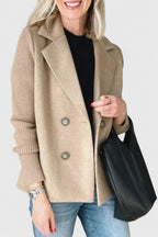 Women's short double-breasted coat with lapels and ribbed knitted sleeves