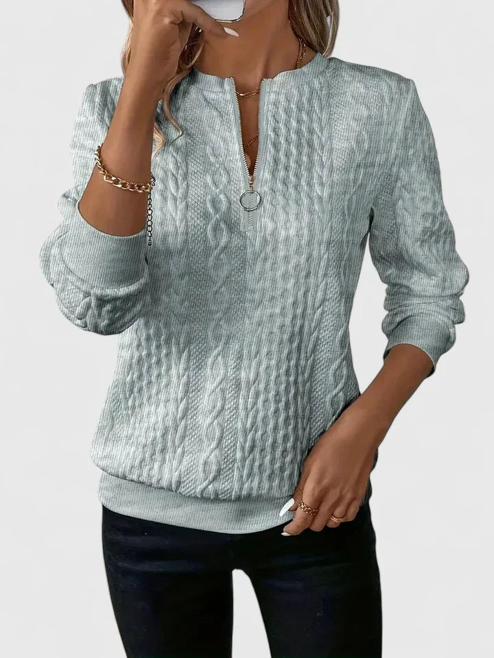 Women's textured quarter-zip sweater with long sleeves and ribbed trims