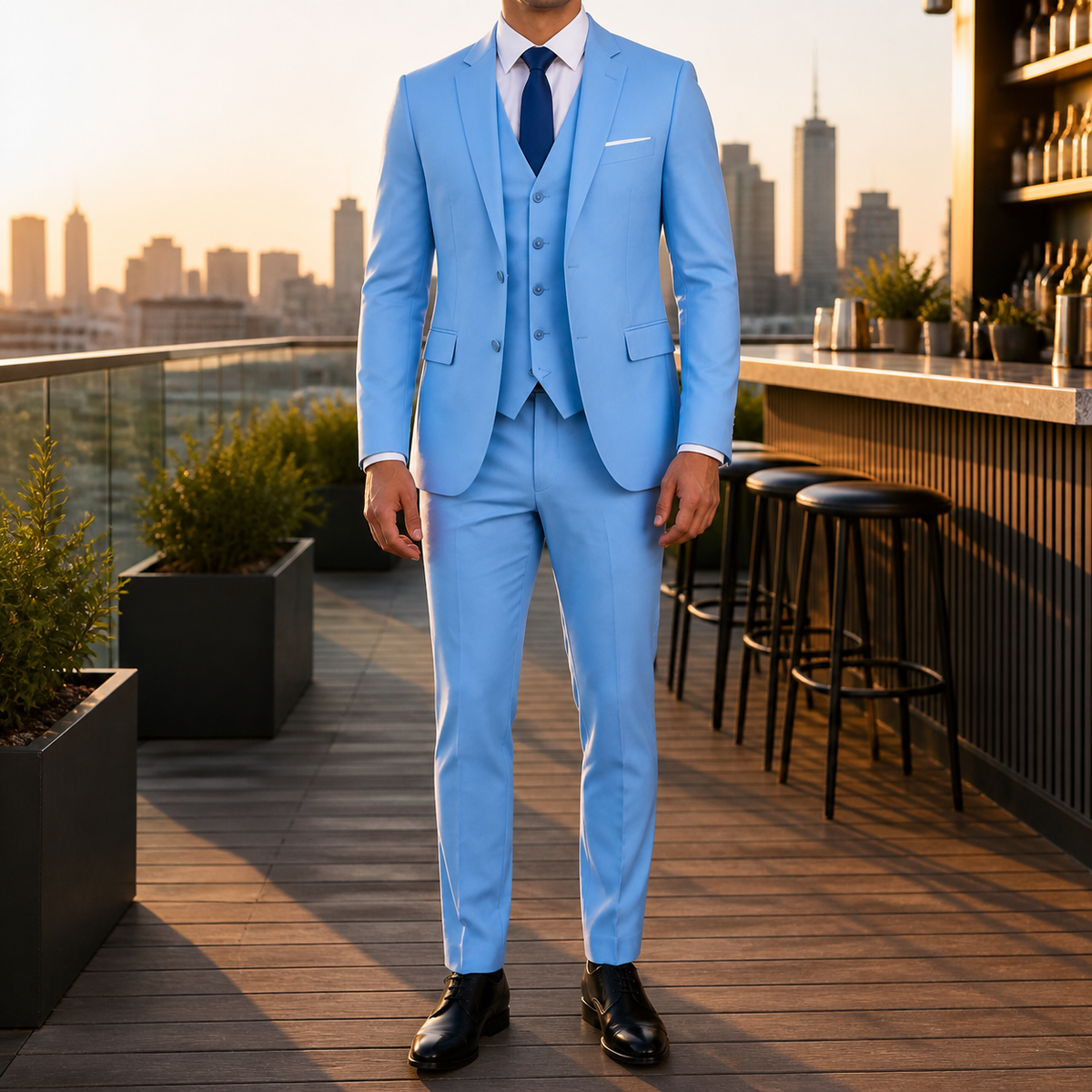 Men's three-piece suit with fitted jacket, waistcoat and tailored trousers