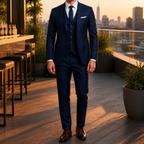 Men's three-piece suit with fitted jacket, waistcoat and tailored trousers