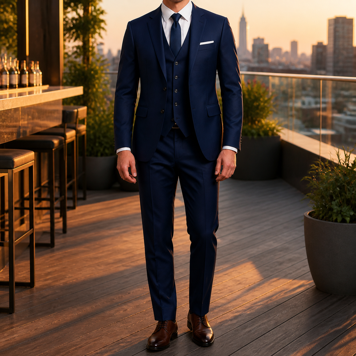 Men's three-piece suit with fitted jacket, waistcoat and tailored trousers
