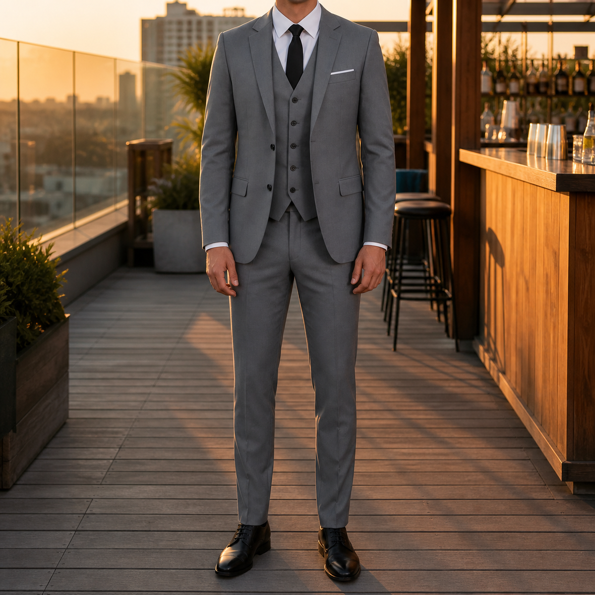 Men's three-piece suit with fitted jacket, waistcoat and tailored trousers