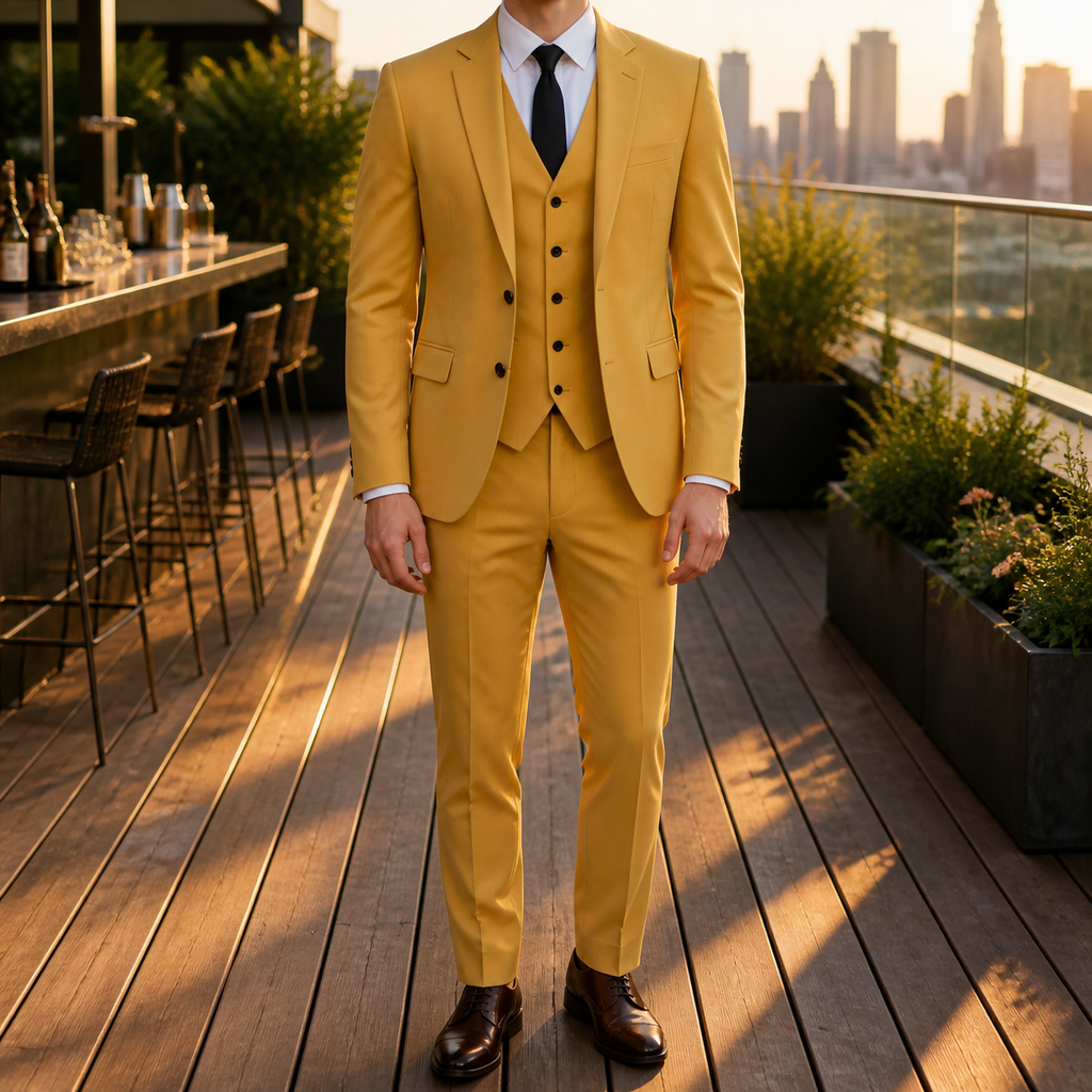 Men's three-piece suit with fitted jacket, waistcoat and tailored trousers