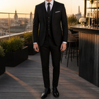 Men's three-piece suit with fitted jacket, waistcoat and tailored trousers