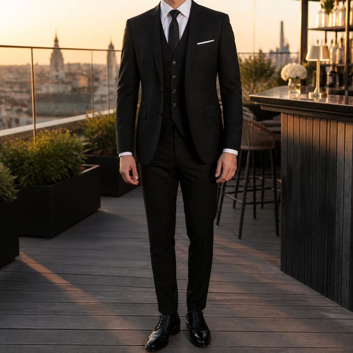 Men's three-piece suit with fitted jacket, waistcoat and tailored trousers