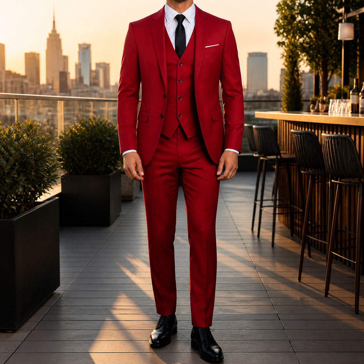 Men's three-piece suit with fitted jacket, waistcoat and tailored trousers