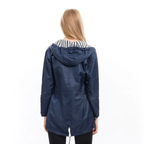 Women's hooded long-sleeve rain jacket with zip pockets and striped lining
