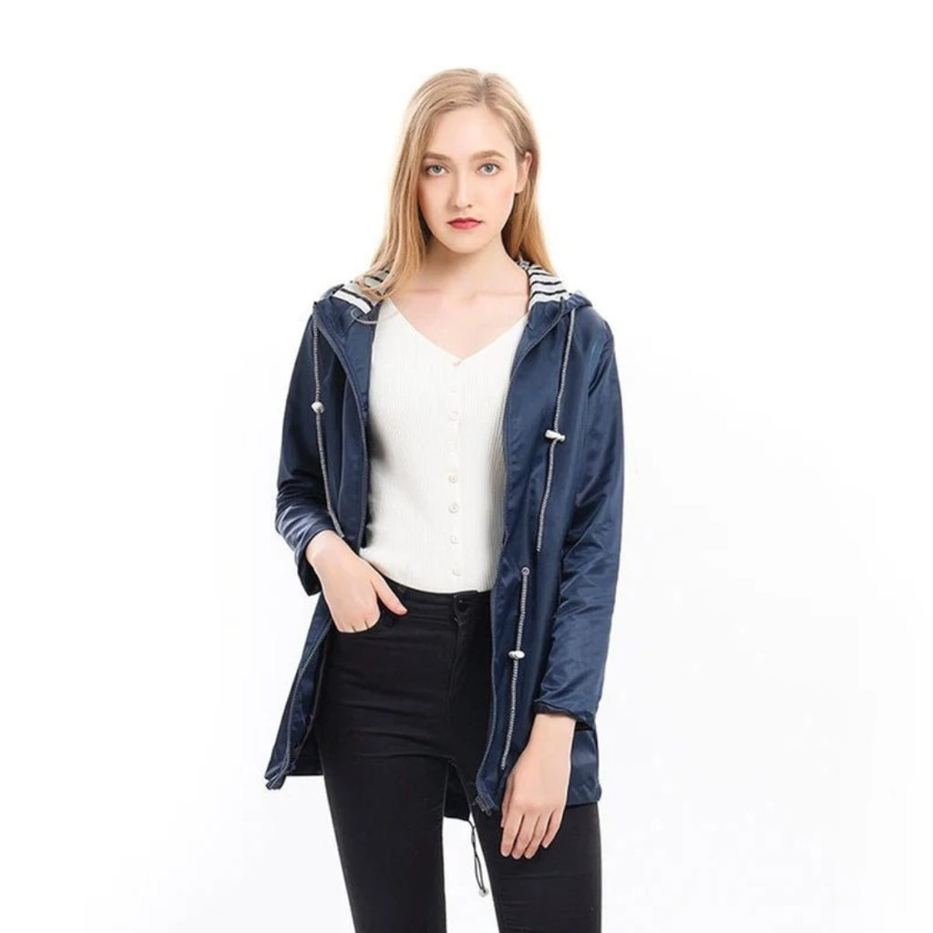 Women's hooded long-sleeve rain jacket with zip pockets and striped lining