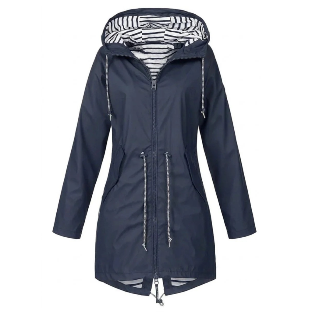 Women's hooded long-sleeve rain jacket with zip pockets and striped lining