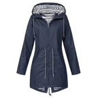 Women's hooded long-sleeve rain jacket with zip pockets and striped lining