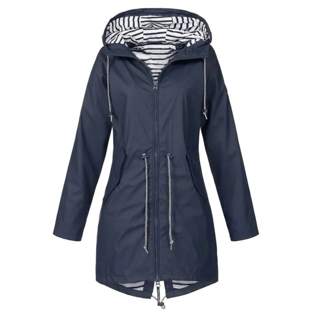 Women's hooded long-sleeve rain jacket with zip pockets and striped lining