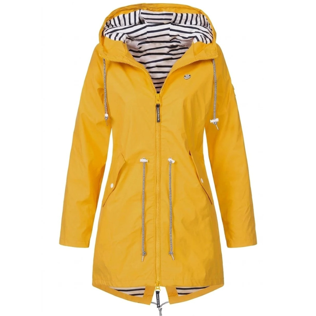 Women's hooded long-sleeve rain jacket with zip pockets and striped lining