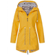 Women's hooded long-sleeve rain jacket with zip pockets and striped lining