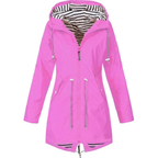 Women's hooded long-sleeve rain jacket with zip pockets and striped lining