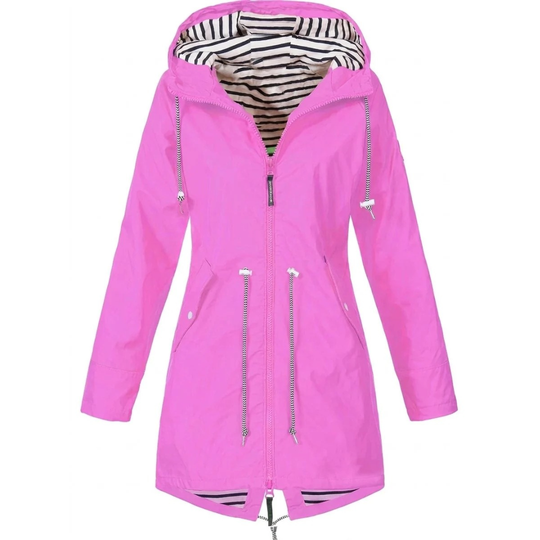 Women's hooded long-sleeve rain jacket with zip pockets and striped lining