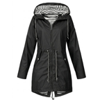 Women's hooded long-sleeve rain jacket with zip pockets and striped lining