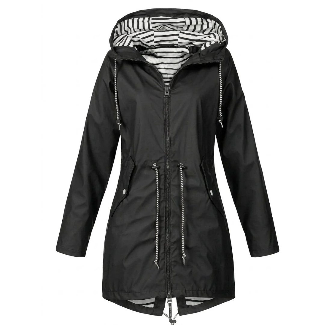 Women's hooded long-sleeve rain jacket with zip pockets and striped lining