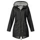 Women's hooded long-sleeve rain jacket with zip pockets and striped lining