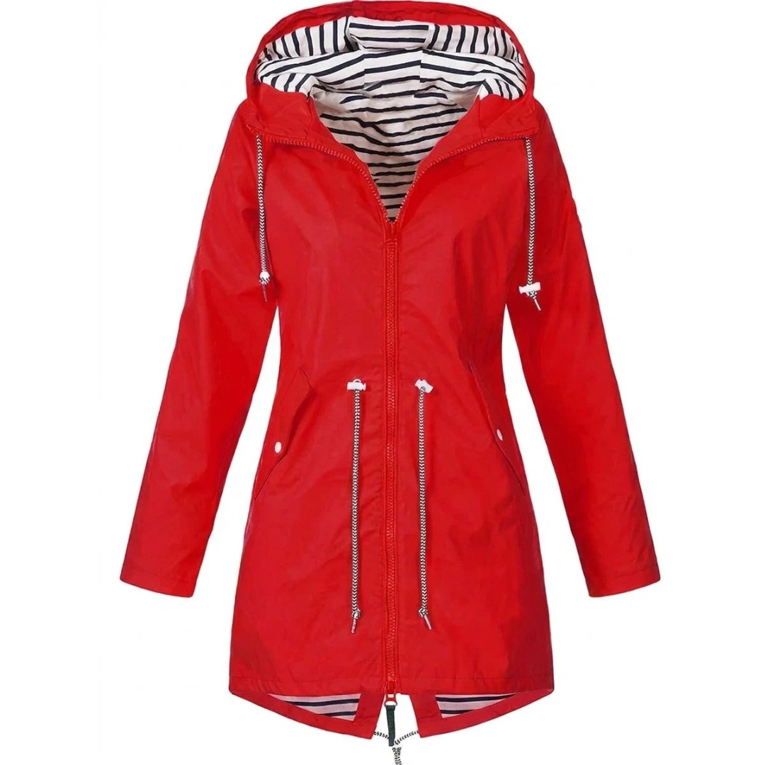 Women's hooded long-sleeve rain jacket with zip pockets and striped lining