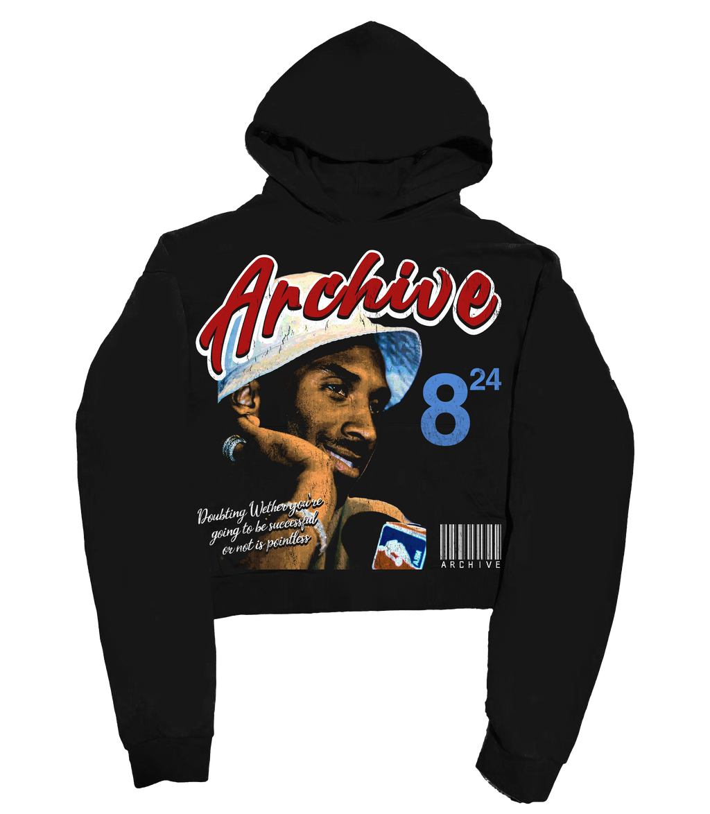 Black graphic hoodie with Archive front print and blue number back graphic